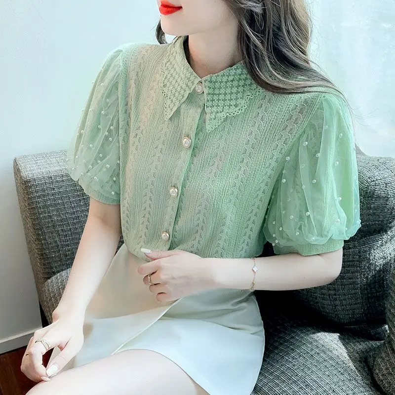 Womens Clothing Sexy Hollow Lace Mesh Beaded Chic Sweet Blouses Vintage Trendy Elegant Short Sleeve Button Shirts Y2K Fairy Tops