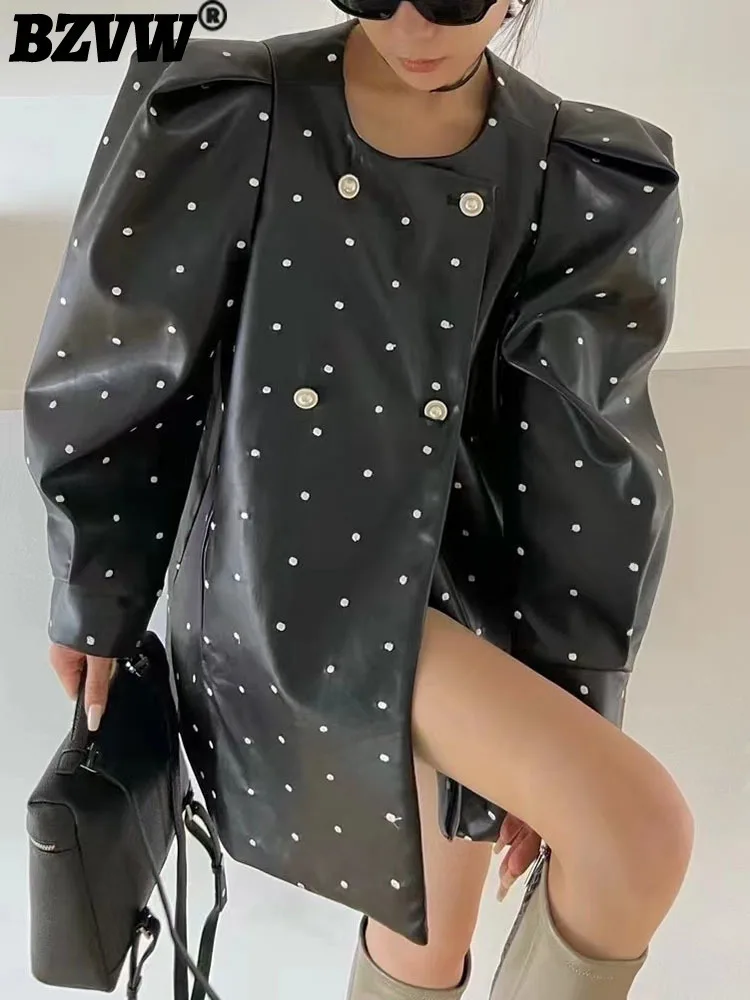 BZVW [in Stock] Polka Dot PU Leather Women\'s Coat 2023 Spring Autumn Loose Designer Temperament Double Breasted Jacket Female