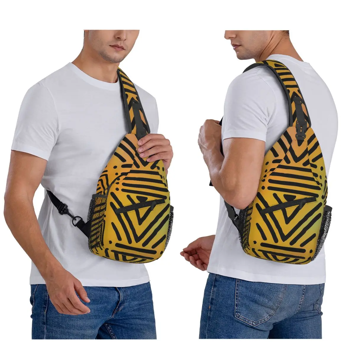 

African Bogolan Colorful Rainbow Pattern Chest Bag Men Sling Crossbody Backpack Chest Bag Traveling Hiking Daypack Shoulder Bag