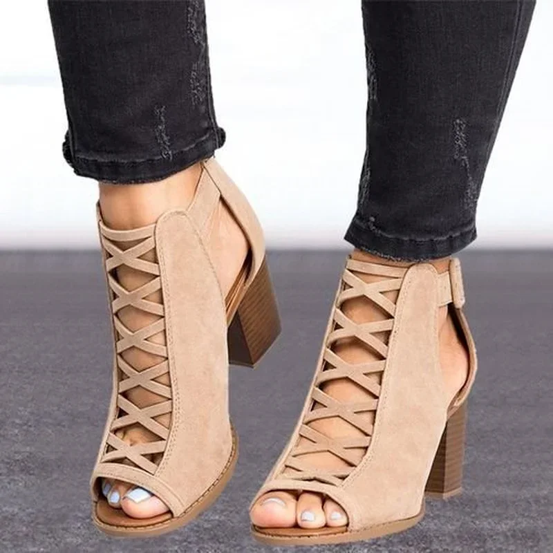 2024 New Spring Summer Sexy Casual Rome Ankle Boots Ladies Sandals Women\'s Shoes Middle High Heels Large Size 43 Black