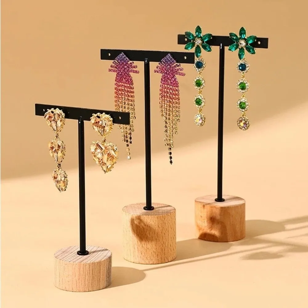 T-Bar Jewelry Display Rack Photography Props Desktop Earring Display Stand With Wooden Base Earrings Hanging Organizer Earring