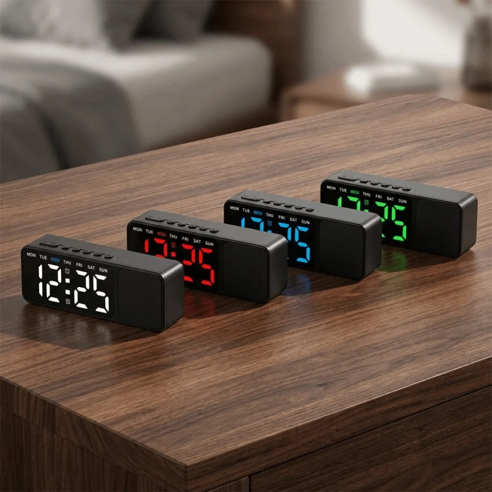 Time / Week / Date Display LED Digital Alarm Clock Dual Alarms Ambient Lighting Bluetooth Speaker with Clock 4 Levels Brightness