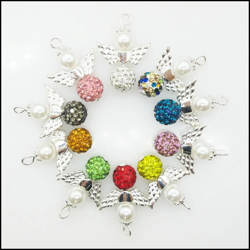 10 New Clay Beads & Crystal Angel Charms Silver Plated Wings Mixed Ball Round Pendants 22x30mm