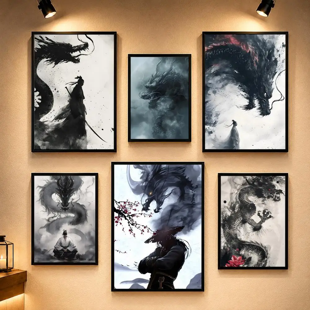 Asian Ink Style Dragon Shadow Waves Art Poster Vintage Retro Anime Poster Stickers Peel and Stick Wall Art Home Decor