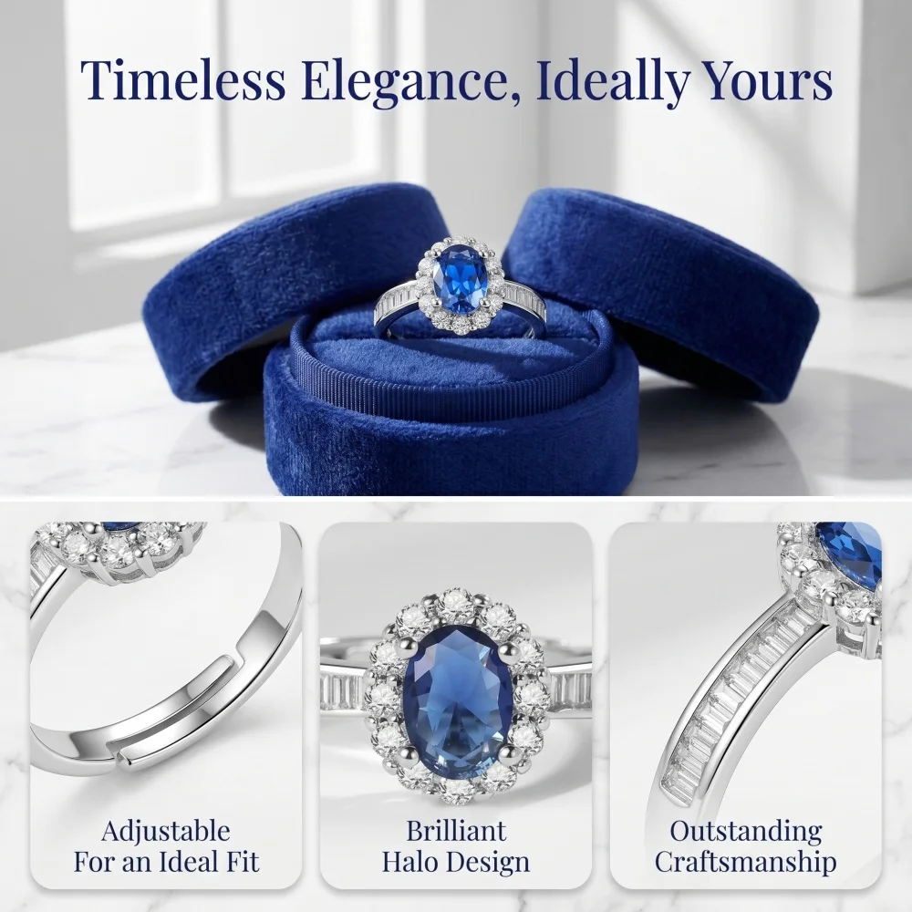 925 Sterling Silver Oval Zircon Halo Ring - Adjustable Fit, Classic Luxury Jewelry for Women, Elegant Wedding & Party Accessory