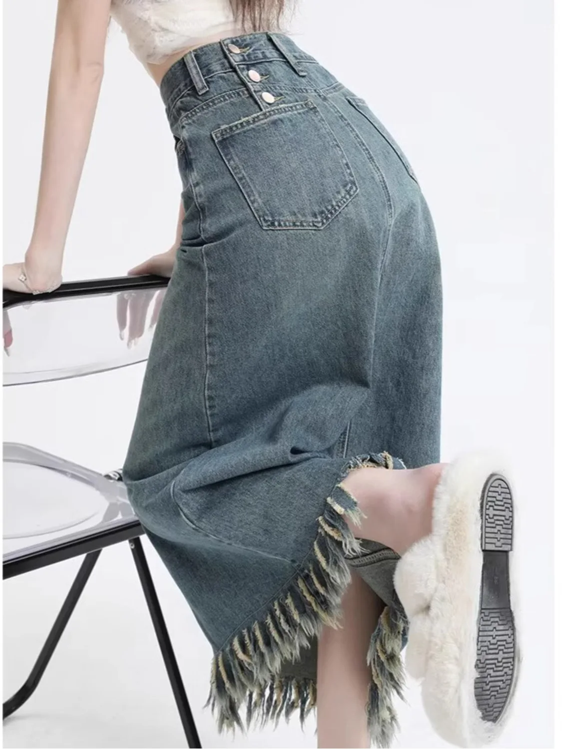Women's High Waist Vintage Washed Denim Skort with Built-in Shorts Side Slit Mini Skirt - view 2