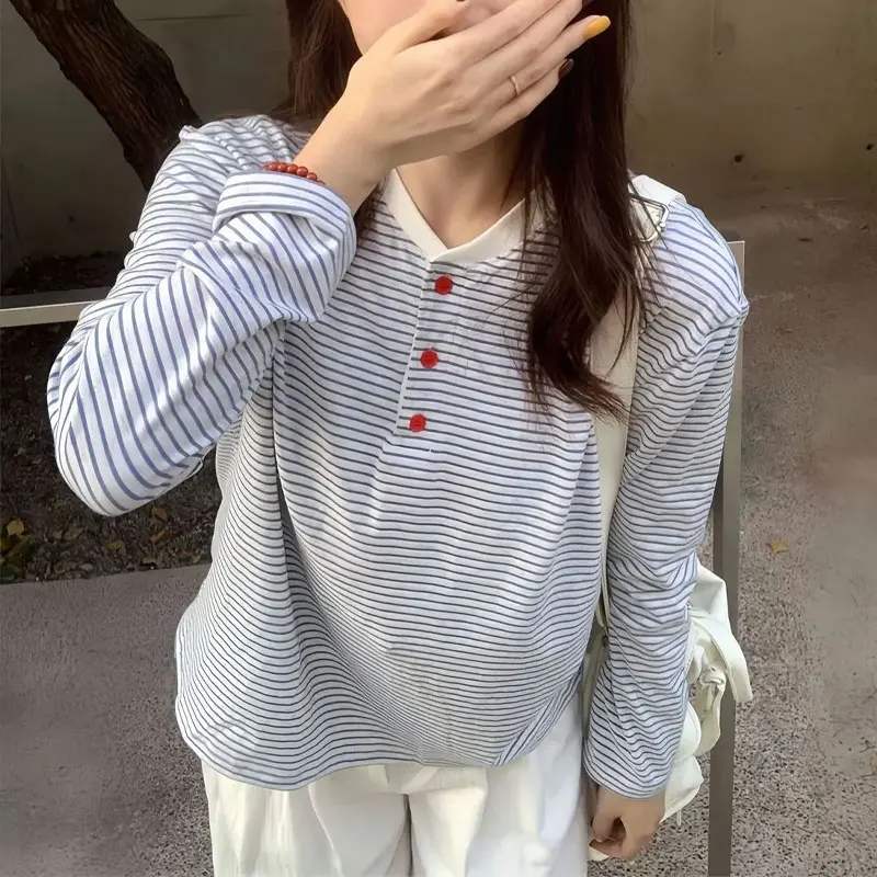 

Korean Striped Round Neck Button Pullovers Autumn Contrasting Colors Women's Clothing Chic Spliced Casual Long Sleeve T-shirts