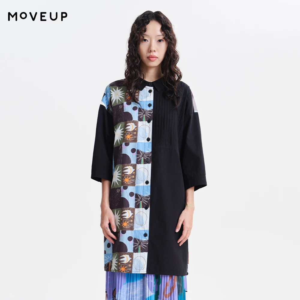 

MOVEUP Short-Sleeve Women's Shirt 2026 Spring New Pure Cotton Patchwork Plaid Print Pocket Long Loose Shirt For Women 3ELC20425