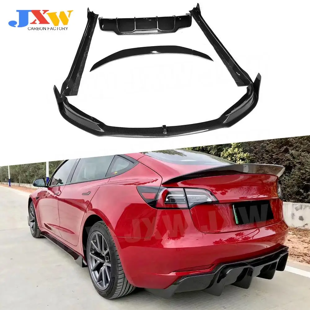 For Tesla Model 3 17-20 Body Kits Dry Carbon Fiber Front Lip Rear Diffuser Boot Spoiler Side Skirts Bumper Aprons Car Styling