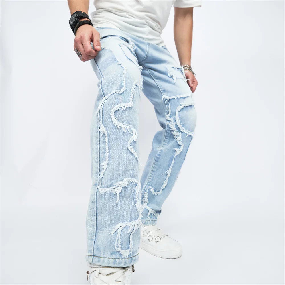 

Hip Hop Streetwear Men's Regular Fit Stacked Jeans Ripped Slim Fit Patch Distressed Destroyed Straight Denim Pants 2024 XS-2XL