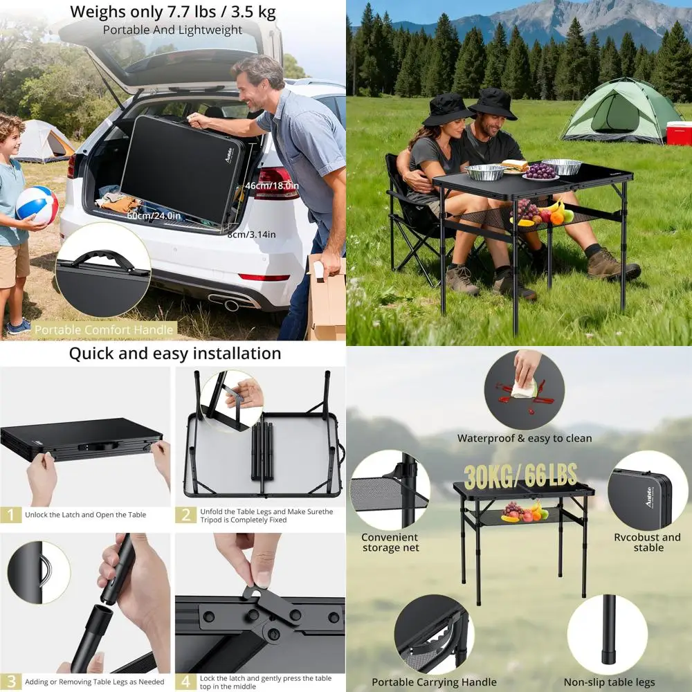 

Portable 36x24 Folding Camping Table with Adjustable Height up to 28, Aluminum, Storage Net, Lightweight for Outdoors and Backya