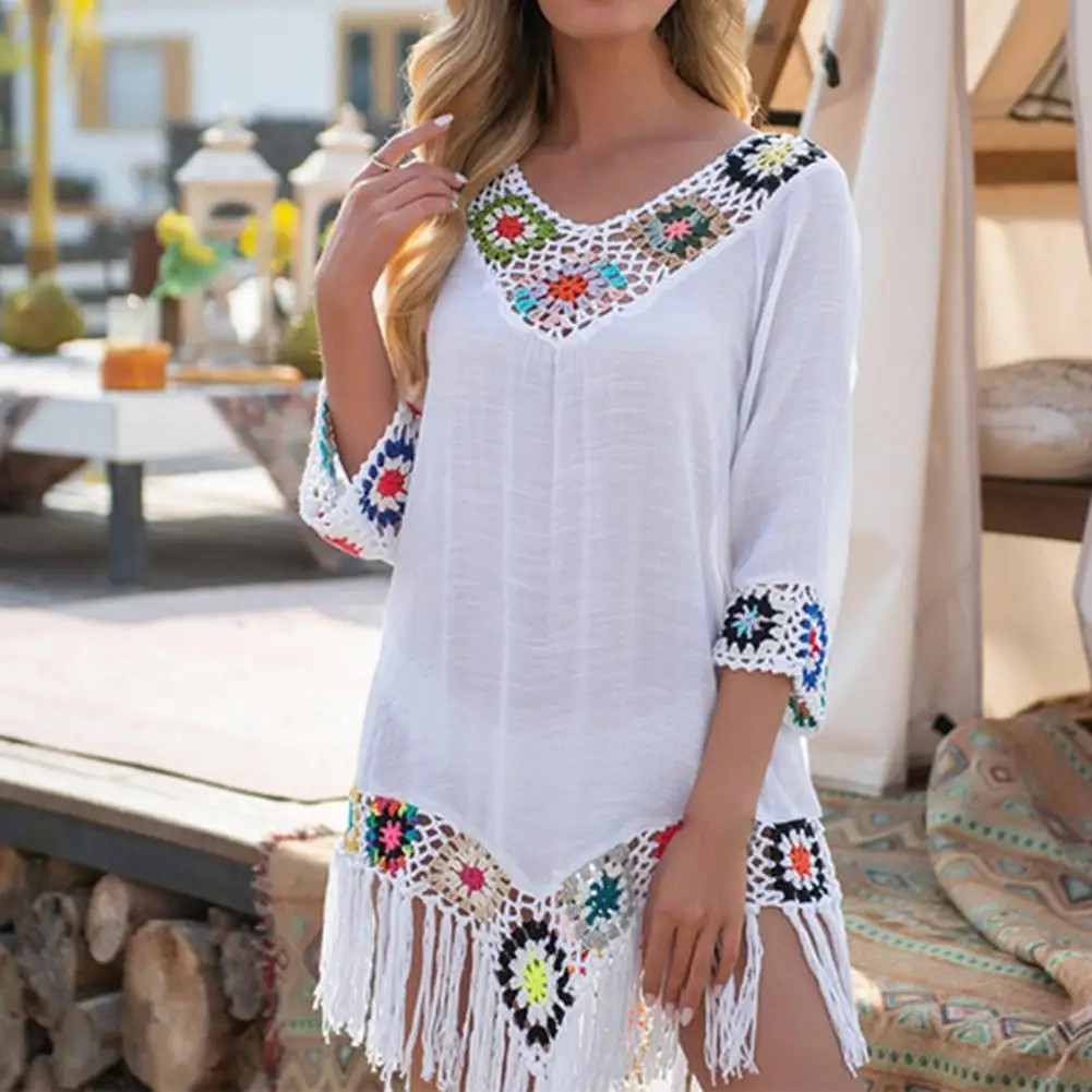 Bikini Cover Up Hollow Out Crochet Patchwork Summer Sun Swimwear Tunic Beach Dress 3/4 Sleeve Swimwear Mini Dress