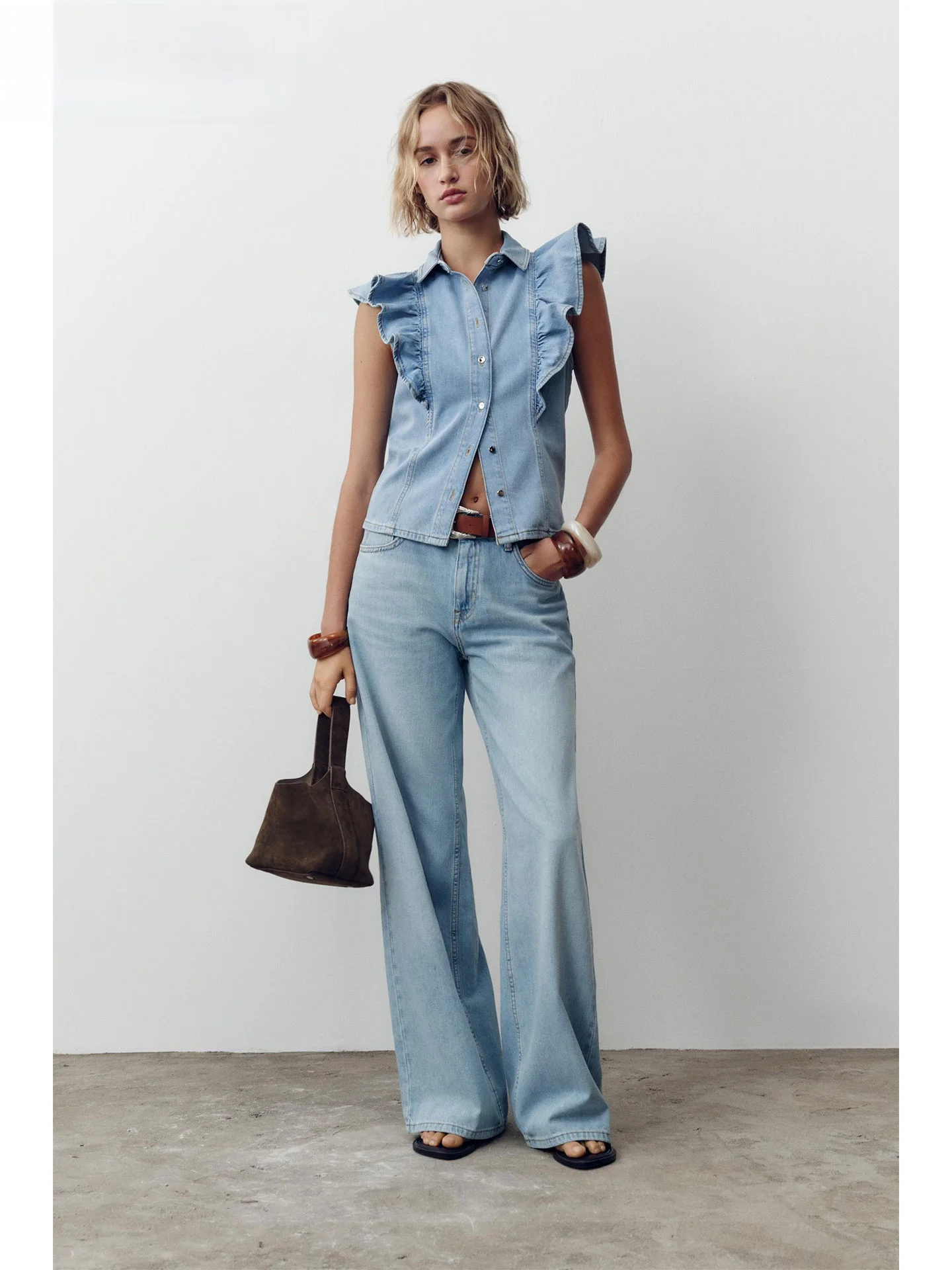 ZAPRHA Estate 2025 New Sle Bell Sve Denim irt senza colletto Slim Fit da donna resistente all'usura Colore puro