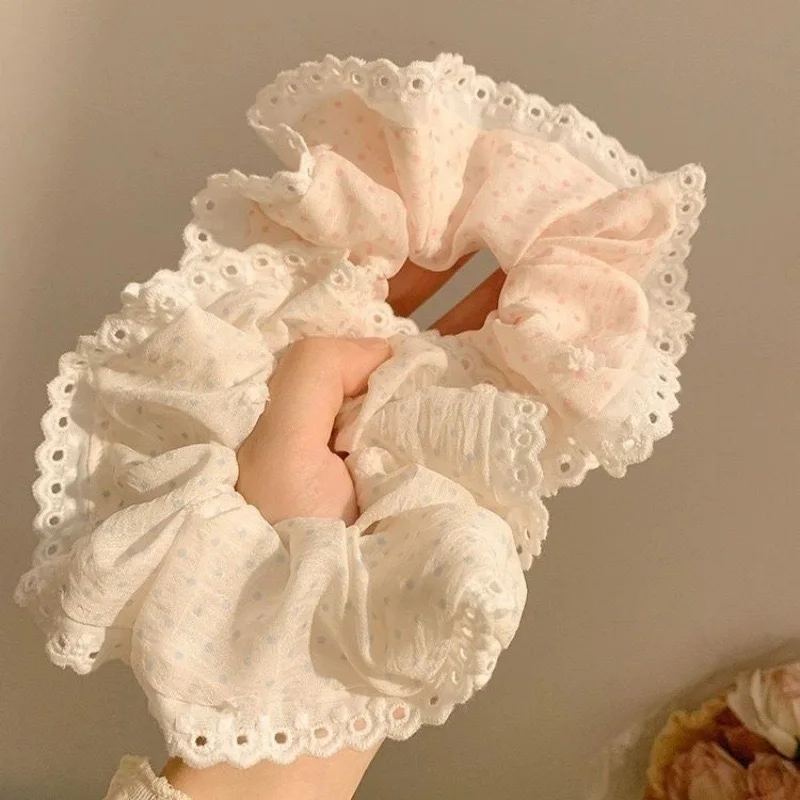 2024 New Lace Polka Dot Scrunchies Fairy Girl Student Oversized Elastic Hair Bands Korean Women Elegant White Pink Hair Tie Rope