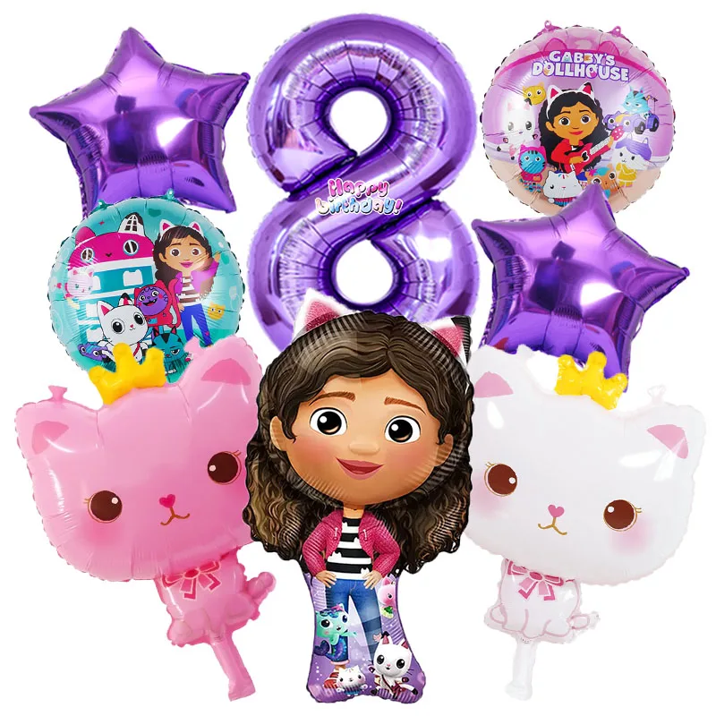 8-delige Gabby's Poppenhuis Set Schattige Engel Kat Folie Ballonnen Anime Verjaardagsparty Cartoon Decoratie Benodigdheden Babyshower Helium Ballonnen