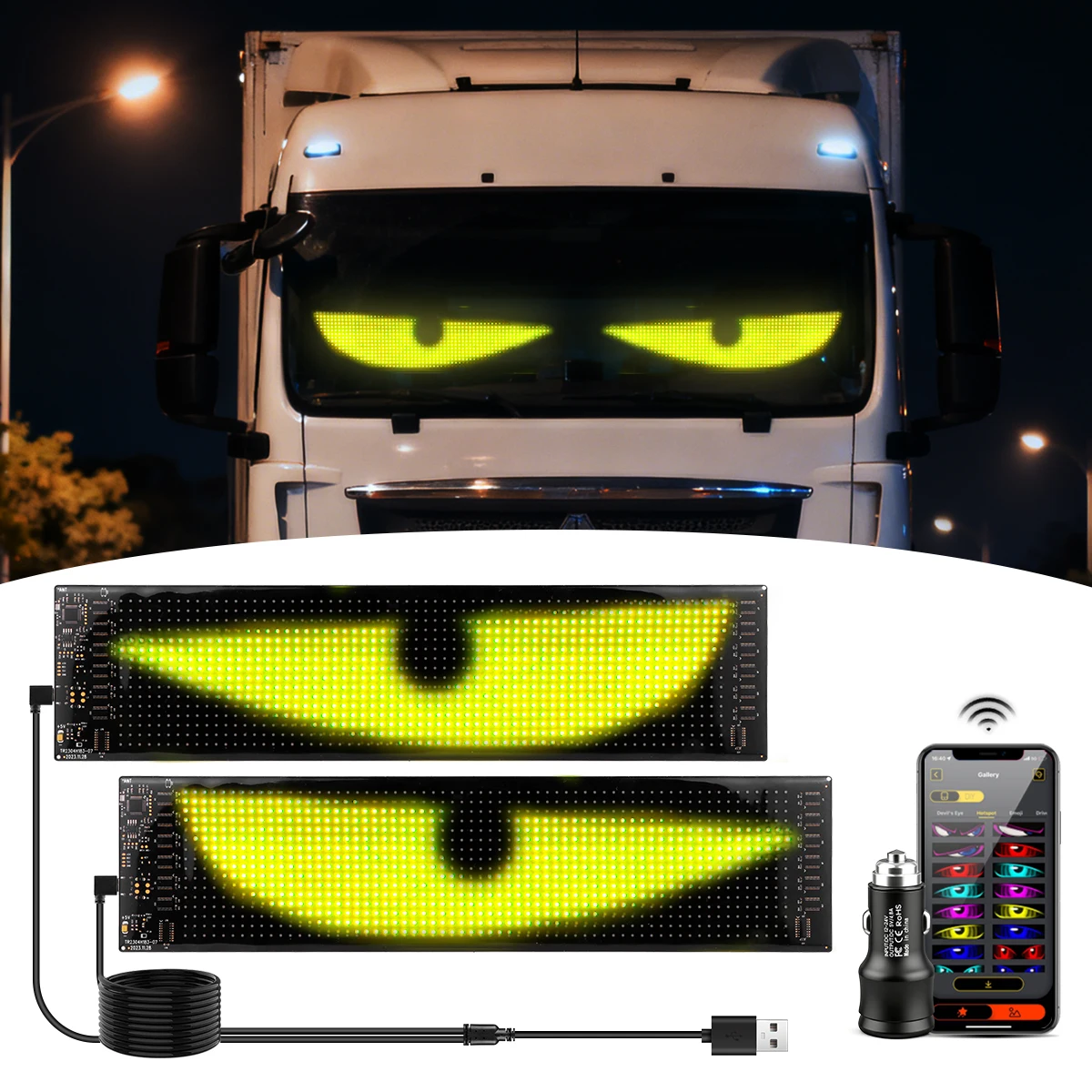 2 Pcs Smart App Scrolling LED Matrix Pixel Panel Display Screen Programmable DIY Text Sign Light for Car Truck Devil's Eye