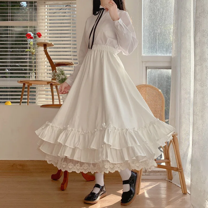Koreanischer Stil, schwarz-weißer Halbrock, langer Rock für Damen, japanischer, einfarbiger, doppellagiger, Vintage-Rock im französischen Stil mit Rüschen, A-Linien-Schnitt. – Detail 6