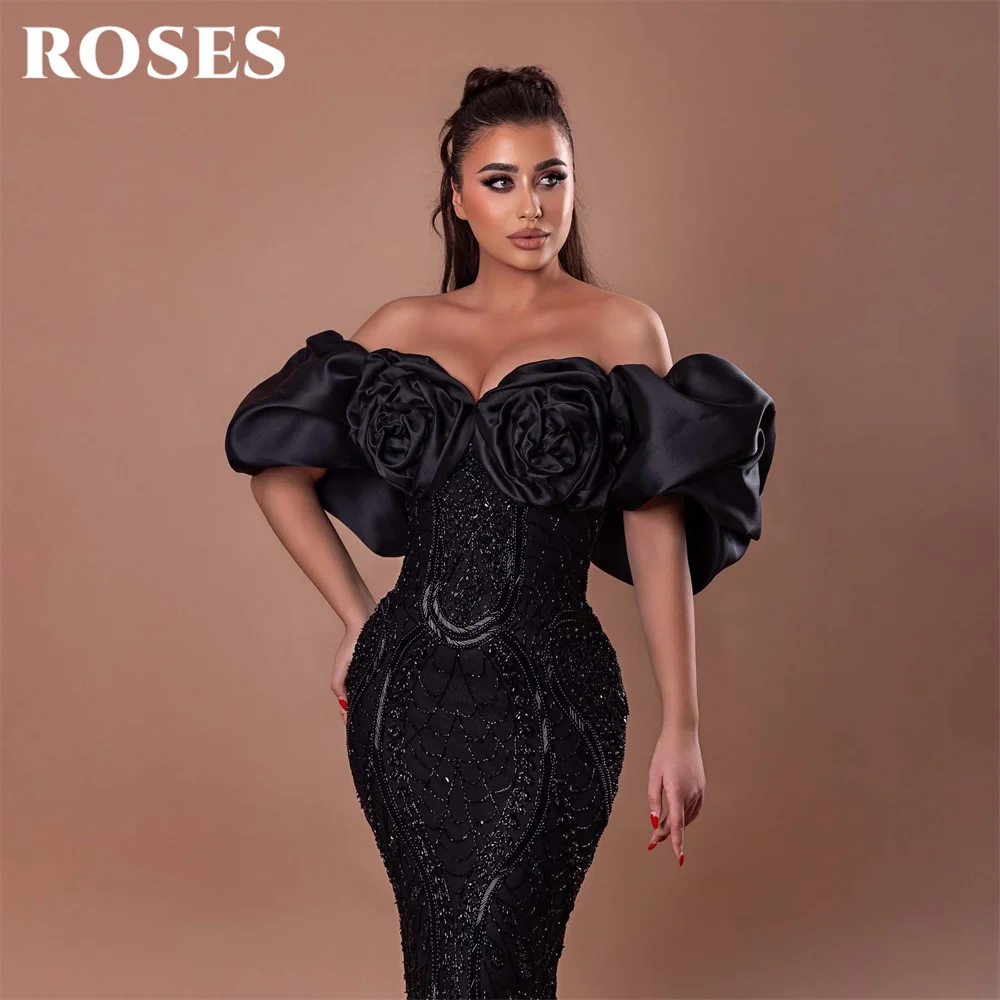 ROSES Black Off Shoulder Evening Dress 3D Giant Rose Beaded Corset Prom Dresses Mermaid Party Formal Gown for Woman Customized