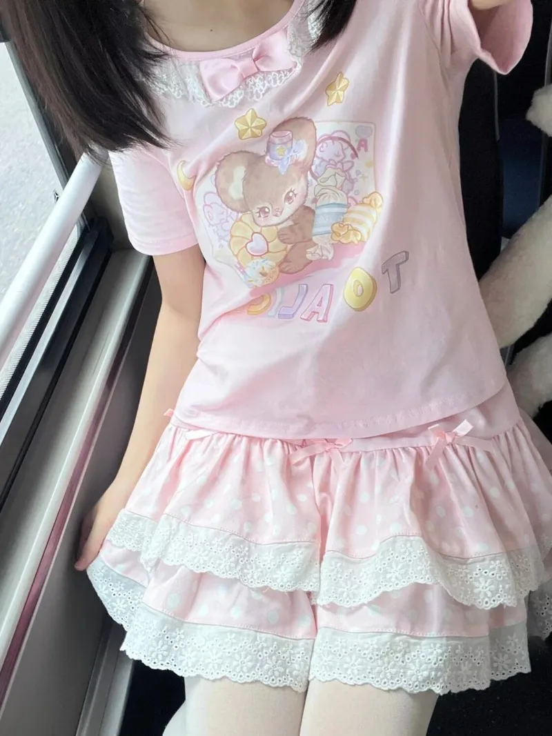 Japanese Style Summer Sweet Girl Cute Little Bear Print Short Sleeved Tops and Polka Dot Bow Short Skirt Sets Student Outfit