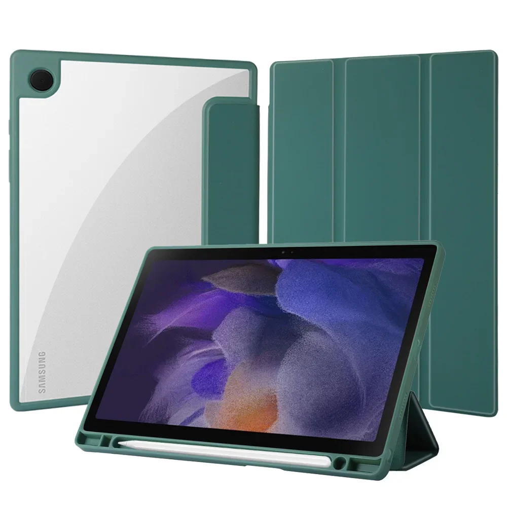 Compatible with the Samsung A8 10.5-inch 2021 SM-X200 X205 tri-fold case, featuring a magnetic flip cover and a stylus slot