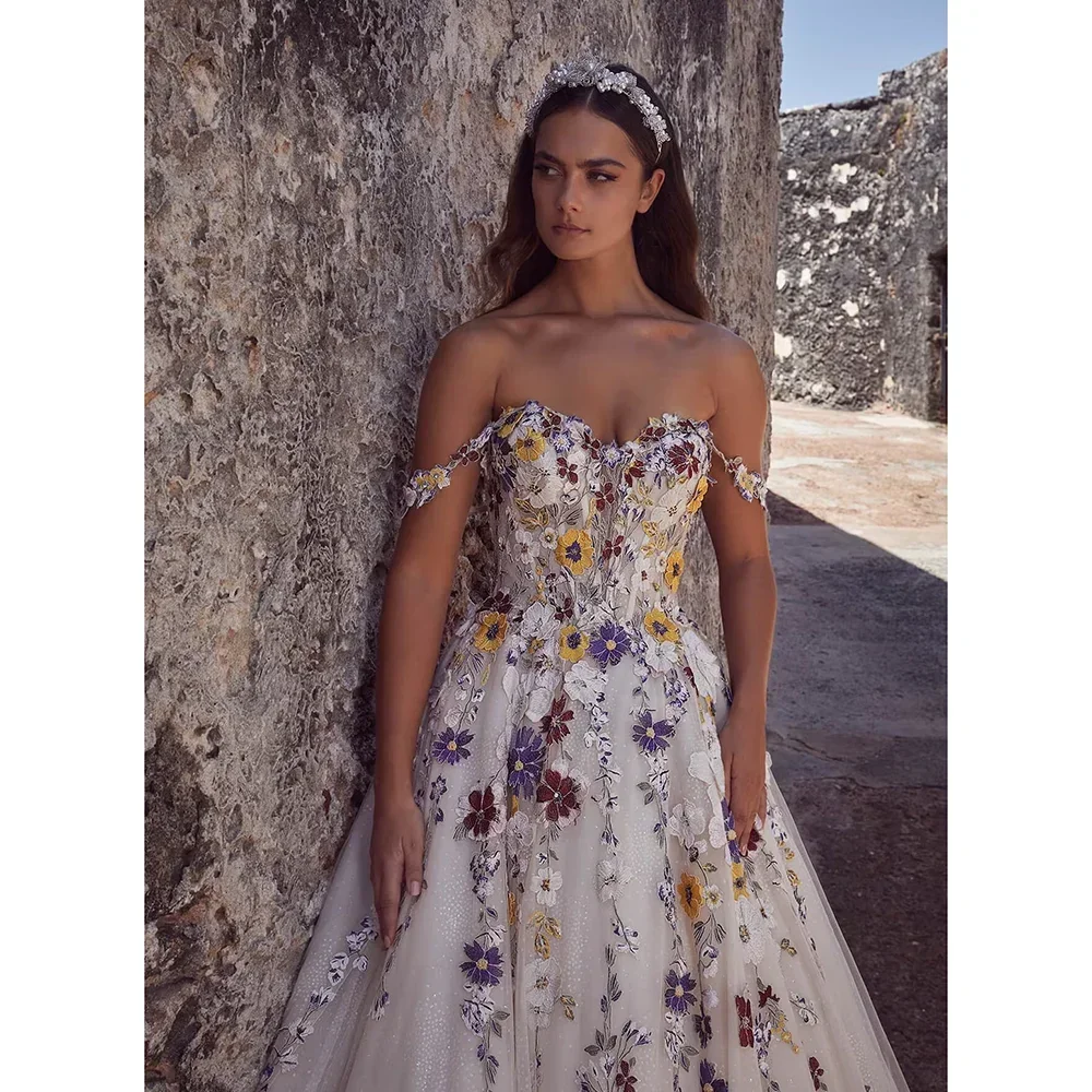 Flowers Appliques Prom Dresses Fashion Sweetheart Off The Shoulder A-Line Gowns Elegant Court Train Formal Evening Party Dresses