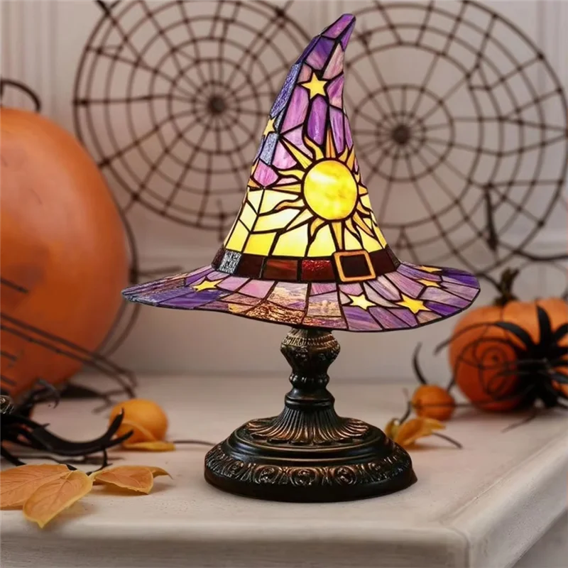 Lámpara de sombrero de bruja de resina ABXF, lámpara gótica con forma de mago, sombrero de bruja de resina alimentado por USB, adorno de luz para decoración de sala de estar y dormitorio