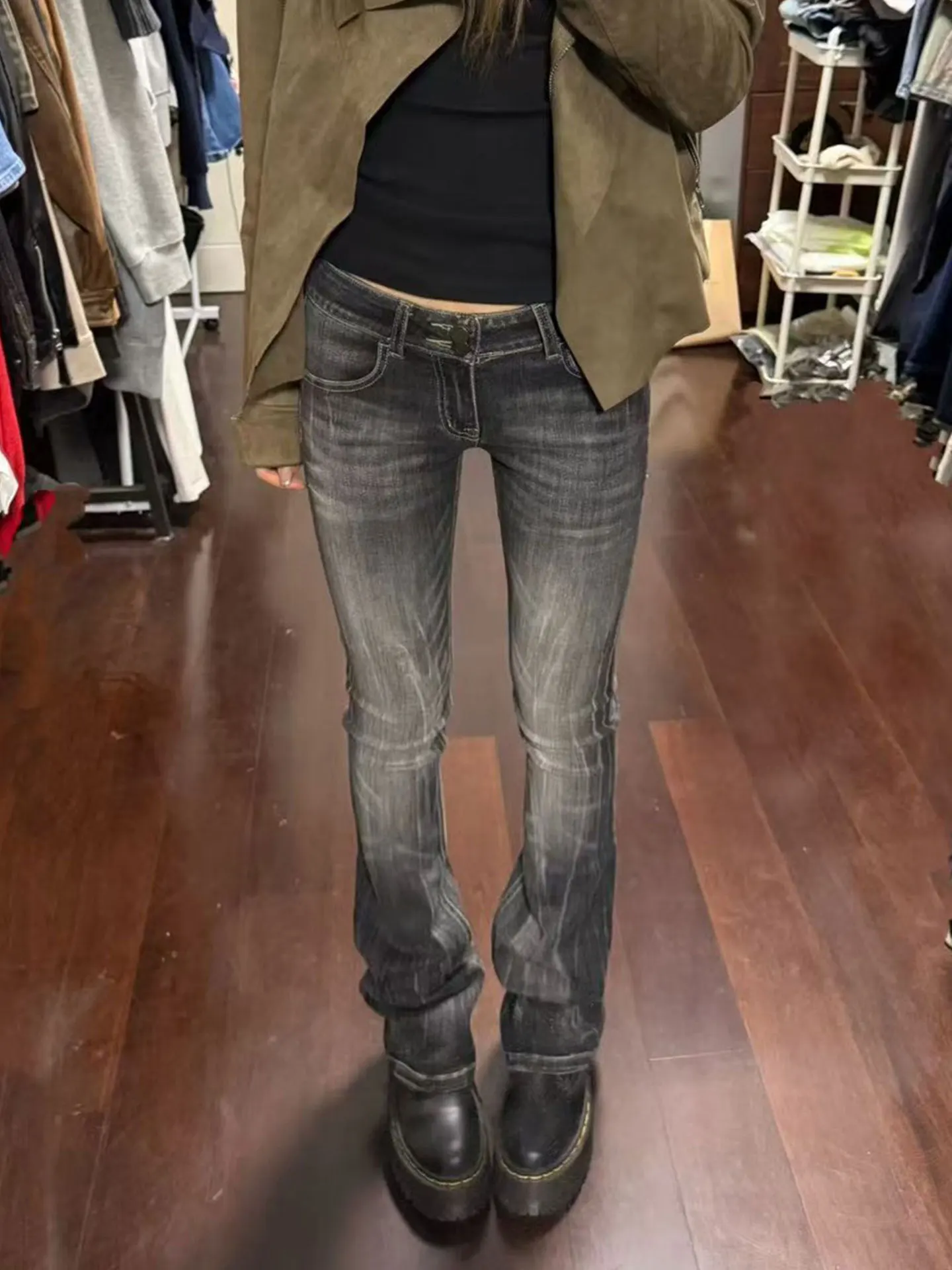 

American Sle Low Waist Bell Bot Denim Jeans Women's Bamboo Texture Spring Autumn Extended Slim Fit Bla Pants