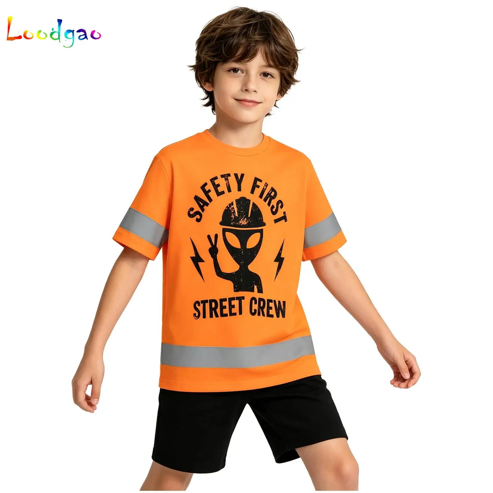 

Kids Boys Girls Short Sleeve Alien Letter T-shirt High Visibility Safety Shirt Running Outdoor Public Welfare Activity Clothes