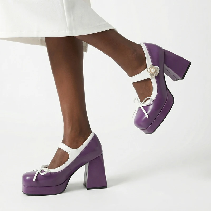 Mary Jane Shoes Women's French Pearl Thick High Heels Shoes Color Blocking Bowtie Square Toe Platform Pumps Woman Plus Size 48