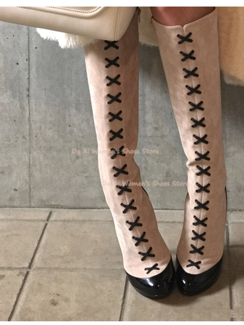 Black X-shaped Crisscross Lacing Decorate Women's Boots Round Head Stiletto Heels Winter Keep Warm Banquet Women's Shoes 2026
