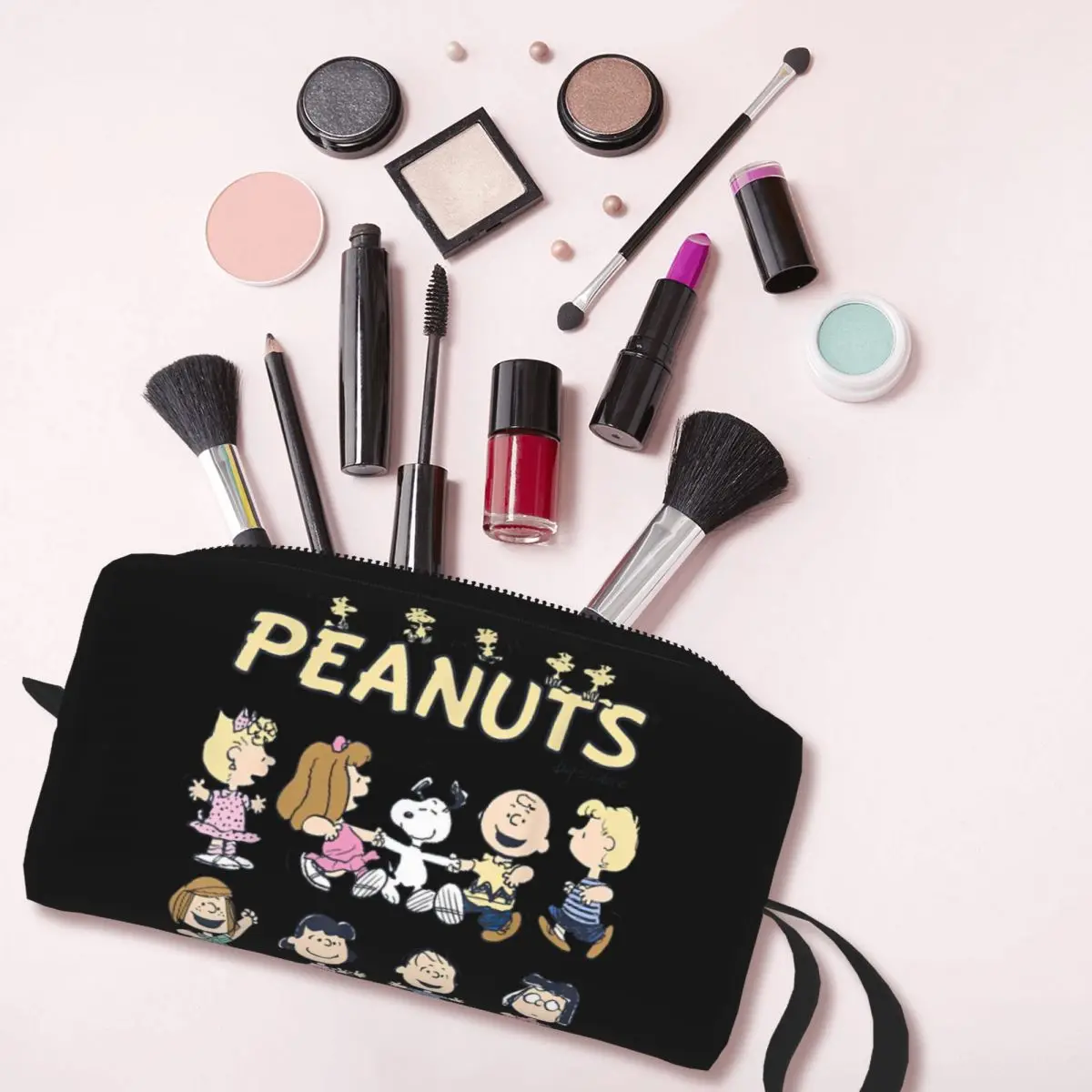 Snoopy e amigos dançando maquiagem sacos para mulheres, bolsa impermeável, bolsa cosmética dos desenhos animados da moda, bolsa de armazenamento