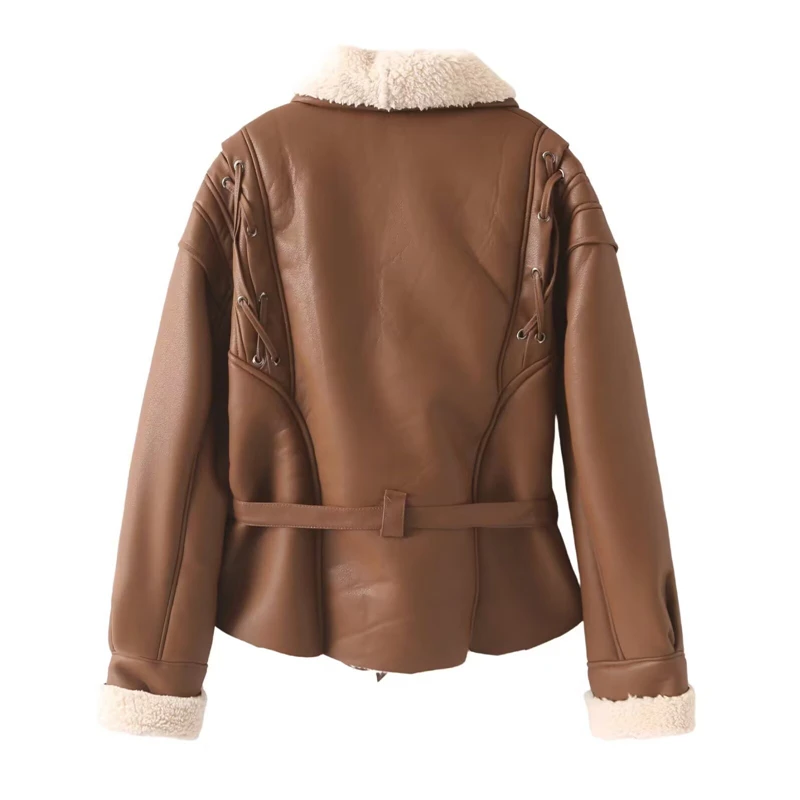 KEYANKETIAN Winter New Women Clothing Retro Loose Fleece Lining Shoulder Strap With Rope Tie And Fleece Leather Jacket Women