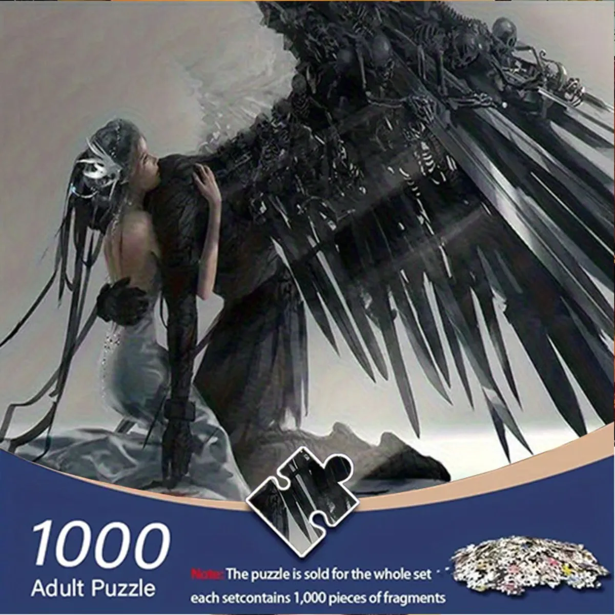 1,000pcs Gothic Angel vs Demon Puzzle - Dark Fantasy Art, Black & White, Challenging DIY Game for Adults, Enhances Hand-Eye Co