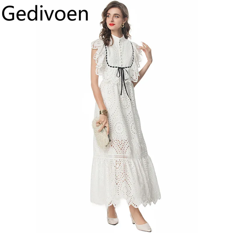 Gedivoen Summer Fashion Runway Designer Dresses Women's Vintage Solid Color Embroidery Hollow Out Pearls Single Breasted Dresses