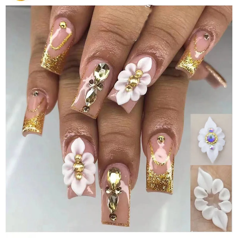 Handmade requintado prego escultura acrílica flores, pétala encantos com pérola, strass, cristal esculpido, DIY Manicure decoração, 3D