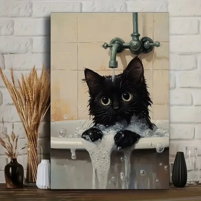 Black Cat Taking A Bath Poster and Prints Canvas Painting Wall Art Picture for Bathroom Living Room Home Decor Cuadros