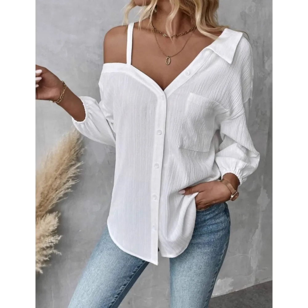 

Sexy Summer Halter Strapless White Shirt Women Casual Loose Long Sleeve Tops Streetwear Female Spring Single Breasted Blouse