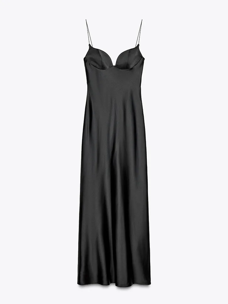 Vestido Longo de Verão Novo Estilo de Férias F em Seda Satinada Sem Alças com Decote em V e Cintura Alta