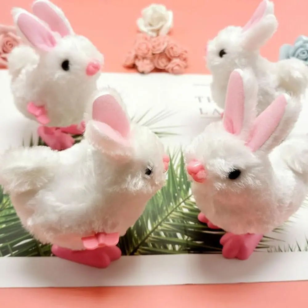 Fun White Plush Rabbit Interactive Clockwork Bunny Wind-up Toy Easter Jumping Toy Kids