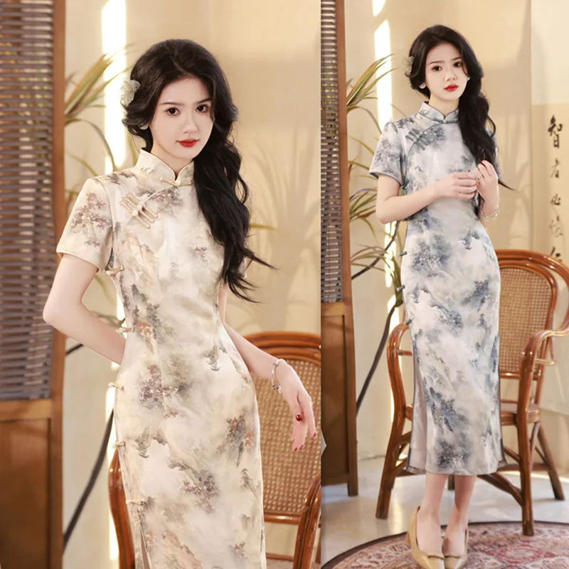 الرجعية النمط الصيني طويلة الأكمام رداء تشى باو الربيع والصيف جديد Rungra الساتان الشباب شيونغسام تنورة