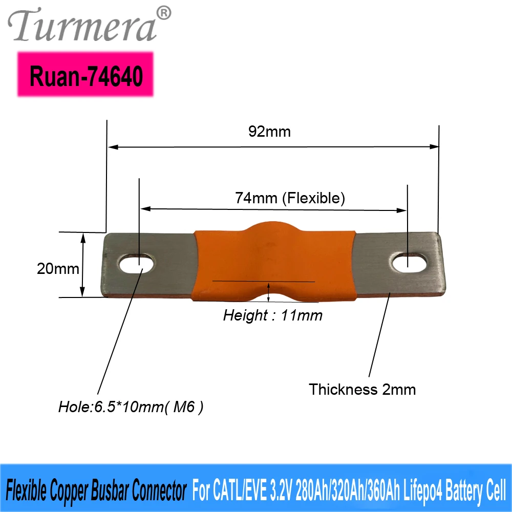 Turmera 12V 24V 48V Flexible Copper Busbar Connector Hole to Hole 74mm 56mm 2mm 4mm 300A for 280Ah 320A 360Ah Lifepo4 Battery view 2