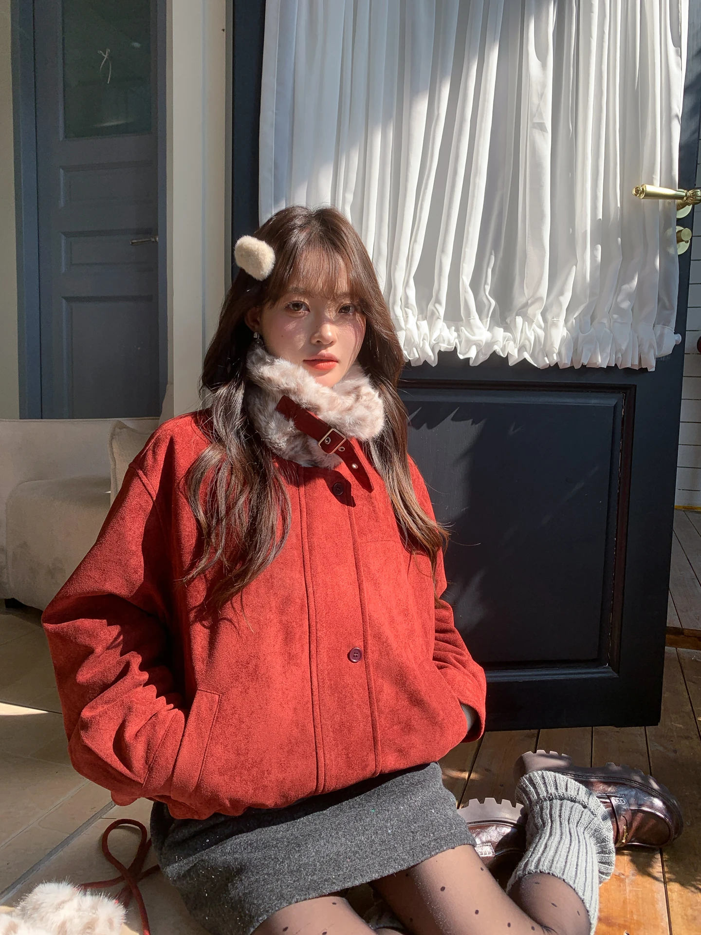 

Замшевое куртка Sli Red с леопардовым принтом и меховым воротником, теплое зимнее пальто в Корейском стиле, женское модное пальто с внутренней подкладкой Fce