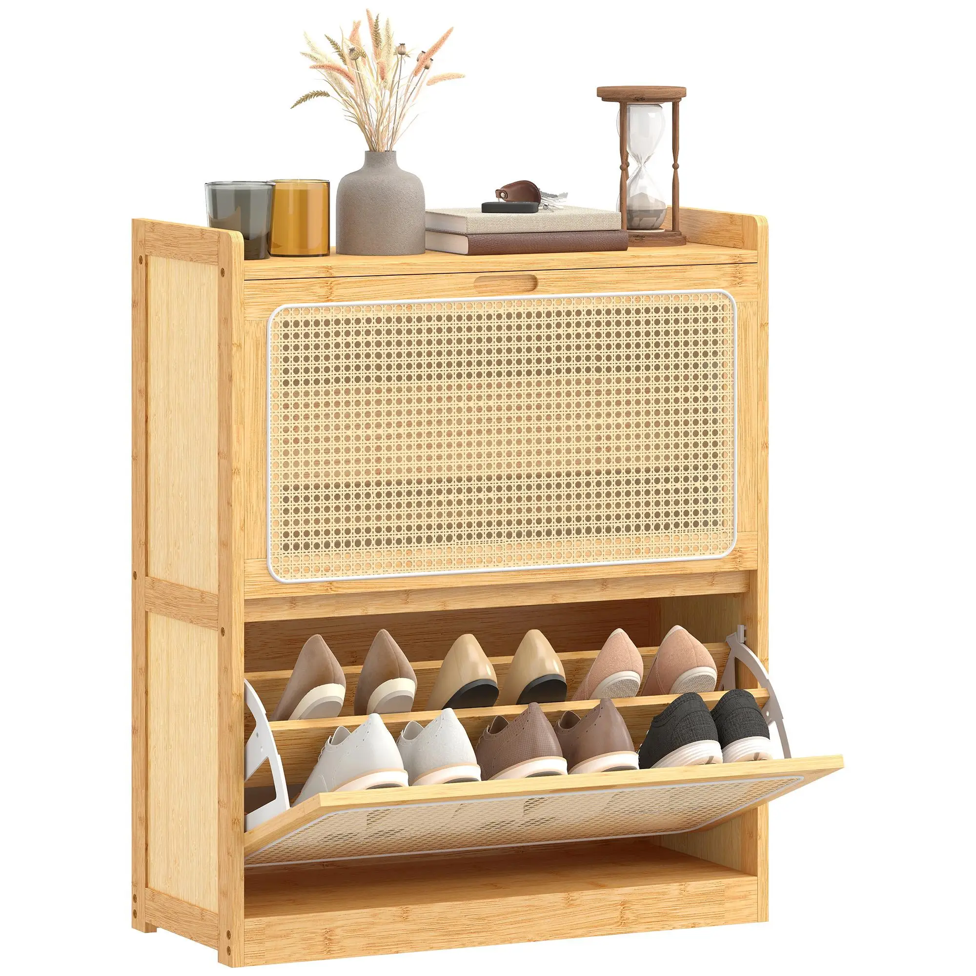Zapatero style bambou et rotin : 2 portes pliantes, étroit 69x29x83 cm, capacité 12-14 paires
