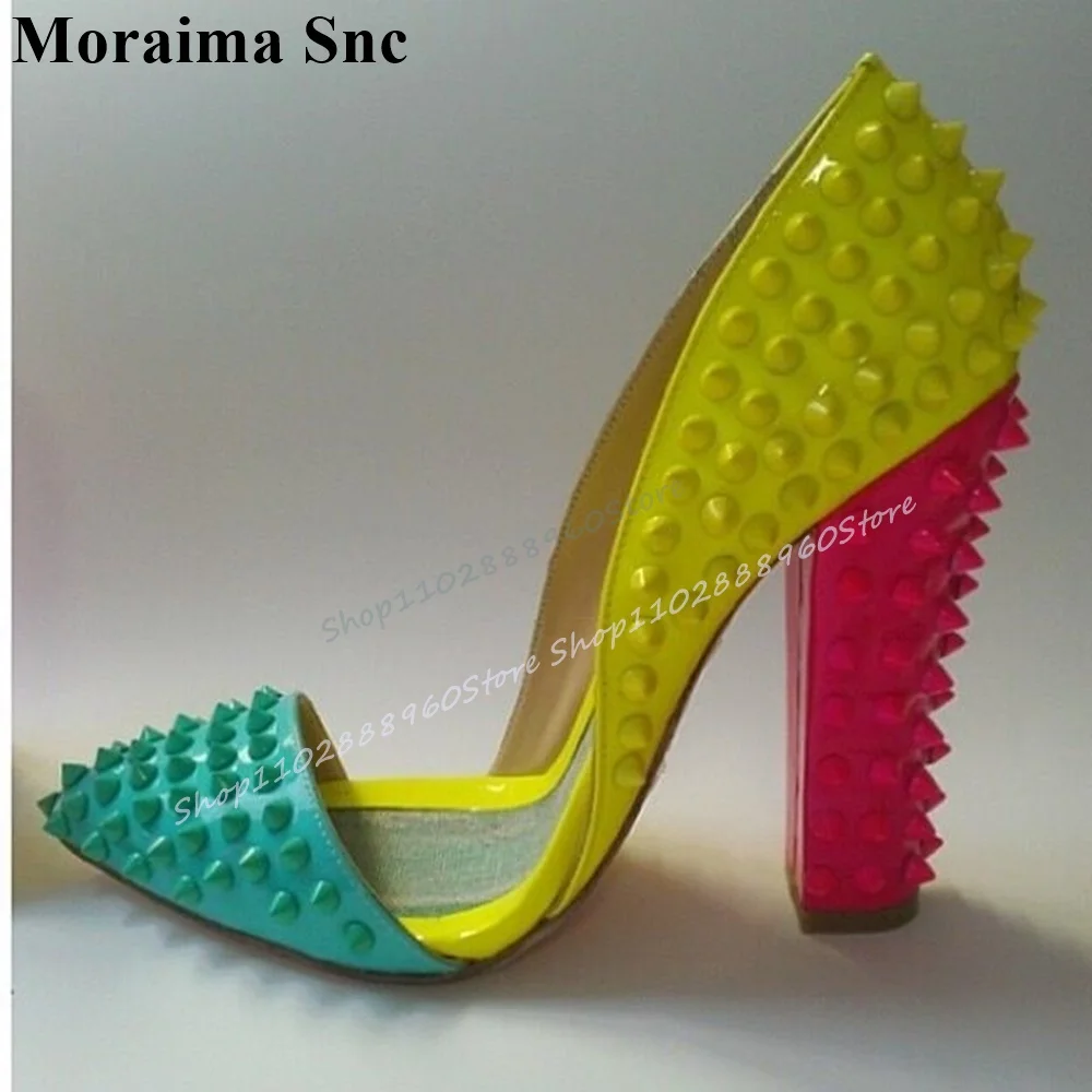 Mixed Candy Color Full Rivets Shallow Pumps Chunky High Heel Women Shoes Slip On Pointed Toe 2025 Fashion Zapatos Para Mujere