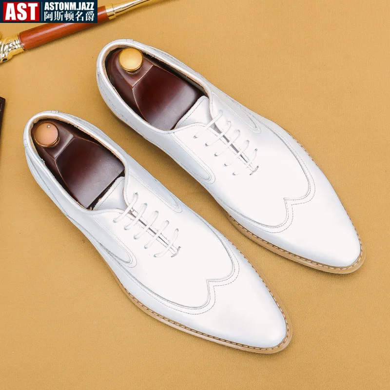 

Luxury Men Formal Shoes Real Cow Leather White Solid Wedding Shoes 2024 Spring Brogue Lace Up Pointed Toe Handmade Size 46