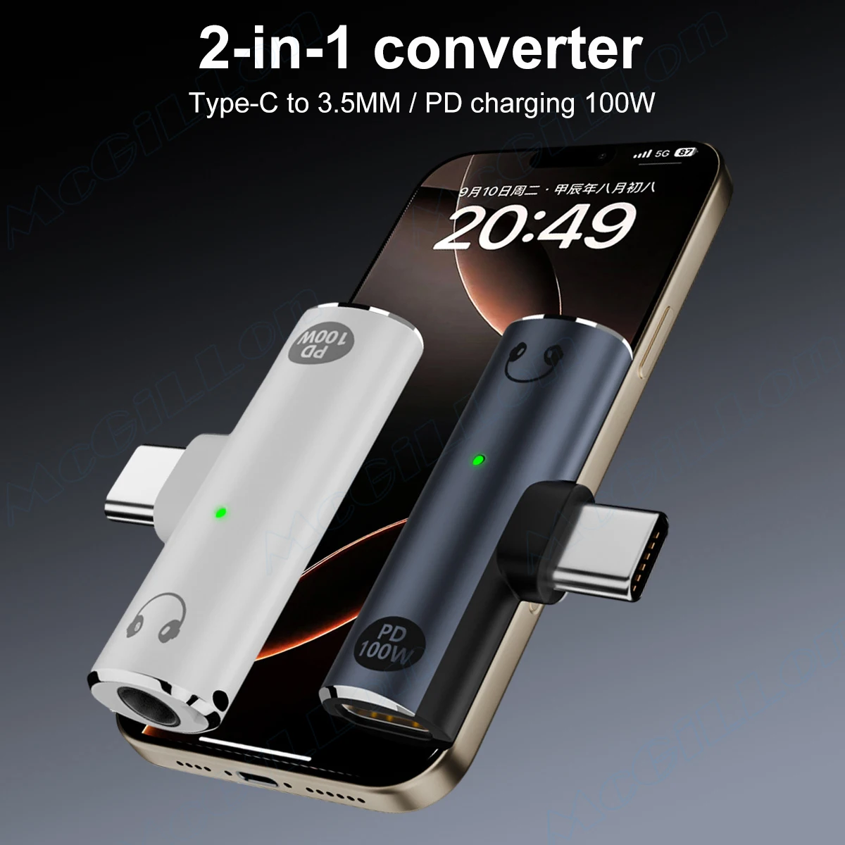 Picture 3: 2 in 1 USB Type C To 3.5mm Headphone and Charger Adapter PD 100W Audio Aux Adapter USB C Splitter for Xiaomi Huawei iPhone 17 16