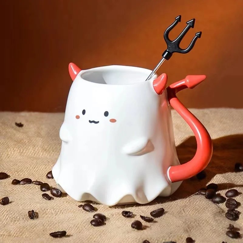 

Cute Devil Elf Ceramic Coffee Milk Mug with Stirring Rod Creative Halloween Gift For Friends And Family Drinkware Wholesale