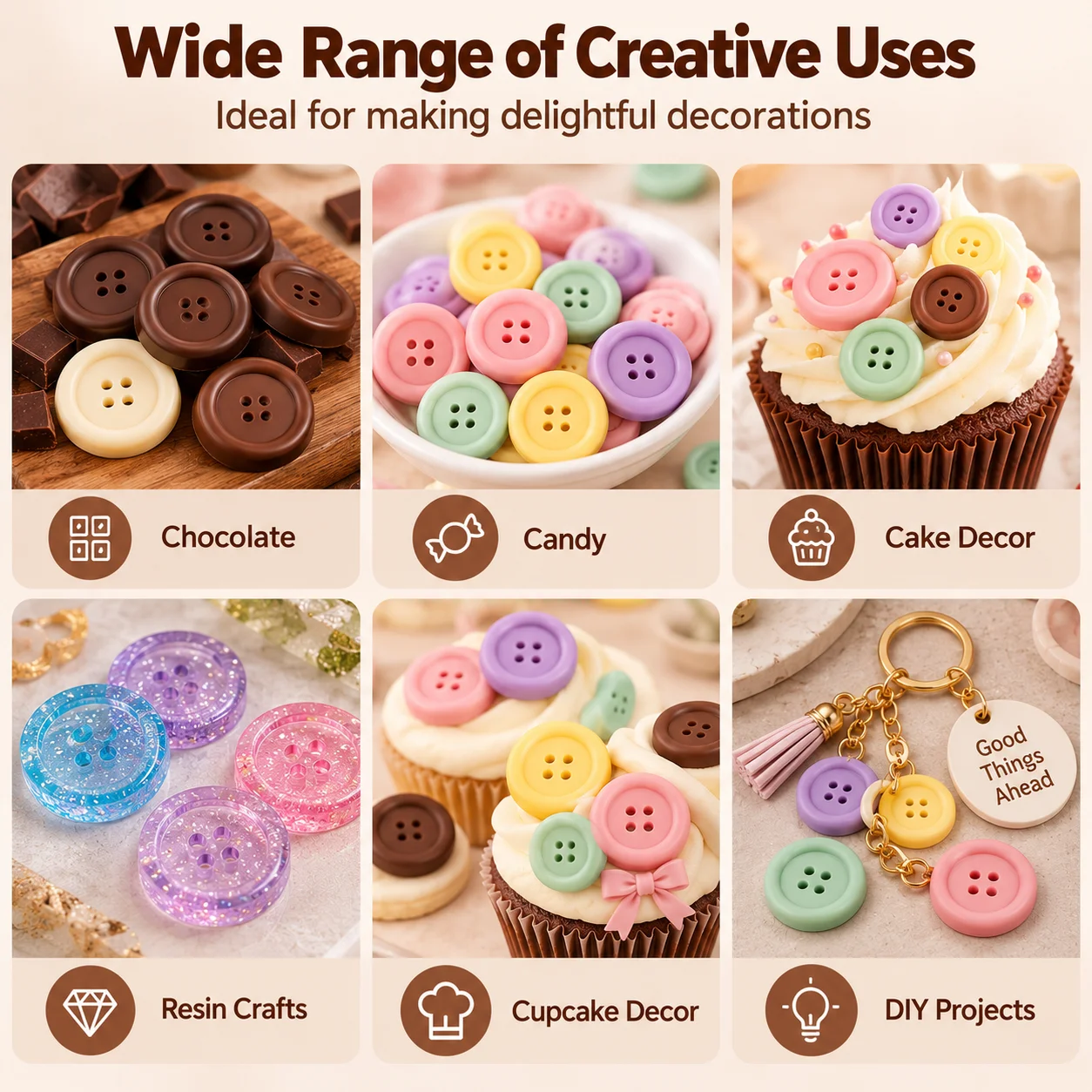 2Pcs Button Silicone Molds | Flexible Reusable Tray | Multi-size Making | For Chocolate, Candy, Cake Decor, Resin Crafts