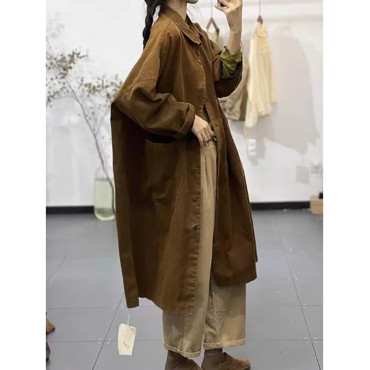 

Повседневное винтажное пальто с эффектом похудения, однотонное универсальное женское осеннее новое пальто-ветровка с воротником-стойкой, длина миди све