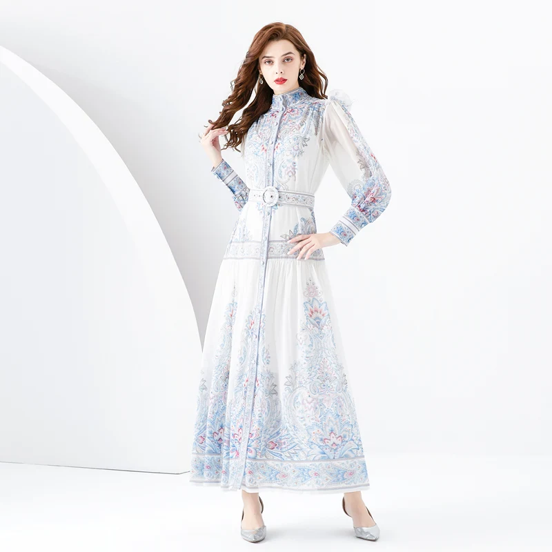 

Early Spring-Vacation Style Stand Collar Pleated Sleeve Vintage Printed Dress